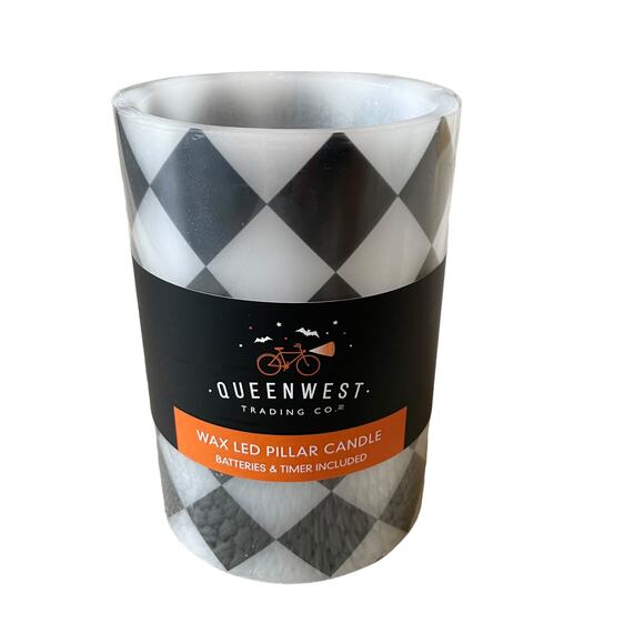 QUEENWEST Wax LED Pillar Candle Black & White Harlequin Checkered Fall Decor New - Picture 7 of 10